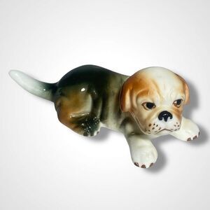 Vintage Enesco Porcelain Beagle Dog Figurine Laying Puppy Miniature Collectible